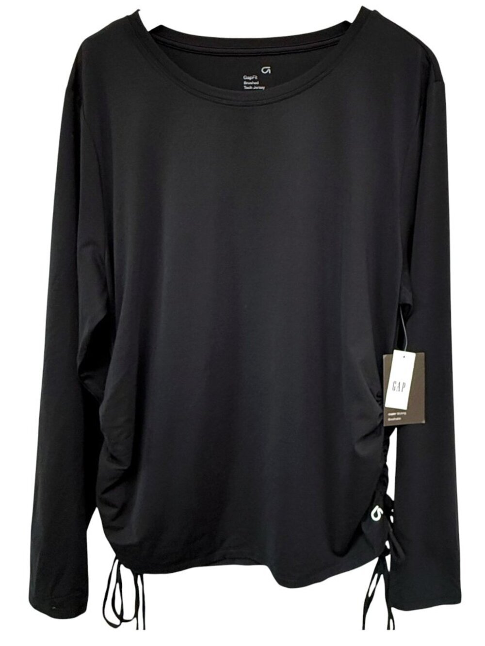 NWT Gap Fit Brushed Tech Jersey XXL Black Ruched Ties Long Sleeve Tee